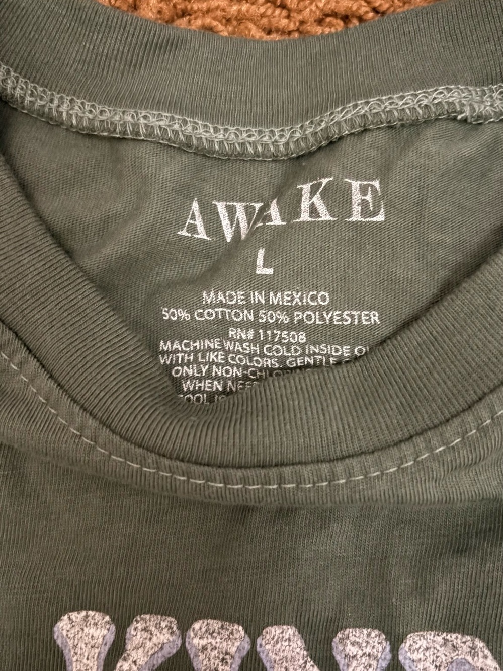 Awake Olive Green Graphic Tee with Distressed White Print - Picture 2 of 2